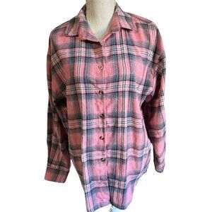 Pink Gray Plaid Button Down Shirt Women’s Medium Soft Brushed Flannel Look NWOT